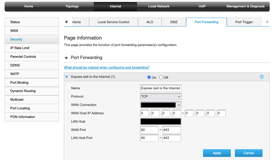 A screenshot of the Port Forwarding configuration page on the dashboard of my modem, where I forward all traffic to port 80 through port 443 of the modem's IP address to my Pi. Later this changed to port 80 and 443 only.