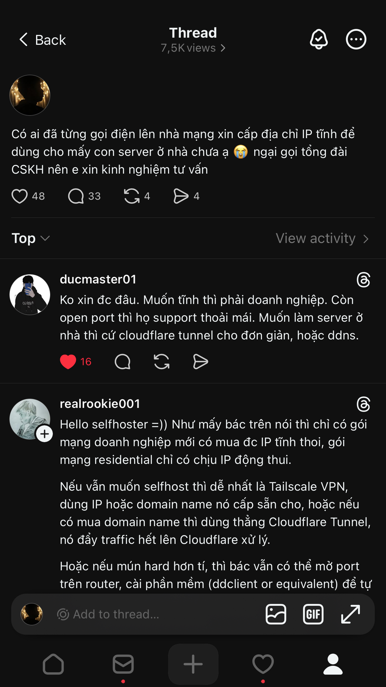 A screenshot of a Threads post in Vietnamese, in which I sought some advices on getting a static IP from ISPs. The post received 33 comments, along with likes, reposts and shares.